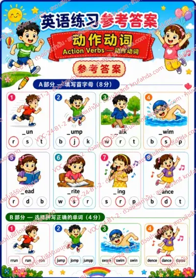 เฉลยใบงานภาษาอังกฤษ Action verbs ป.1-3 คำสั่งภาษาจีน - เติมตัวอักษรตัวแรกและเลือกคำที่สะกดถูก พร้อมเฉลย