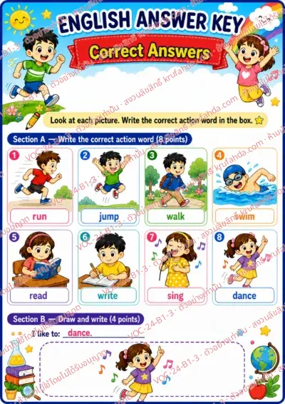 เฉลยใบงานภาษาอังกฤษ Action verbs ป.1-3 คำสั่งภาษาอังกฤษ - ดูภาพการกระทำแล้วเขียนคำศัพท์ให้ตรงกับหมายเลข พร้อมเฉลย