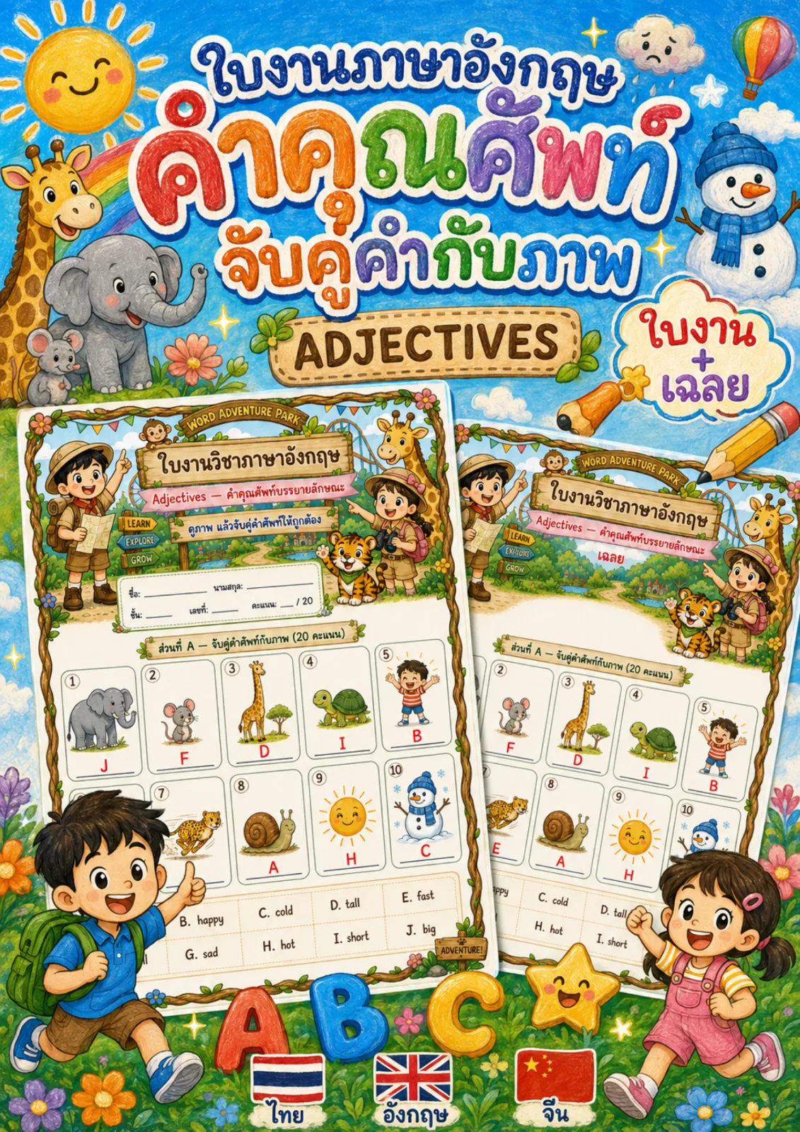 รูปหน้าปกของ ใบงานคำคุณศัพท์ จับคู่ภาพกับคำใน Word Bank แล้วเขียนตัวอักษรลงในช่อง เช่น big tall fast cold ระดับ ป.4–ป.6