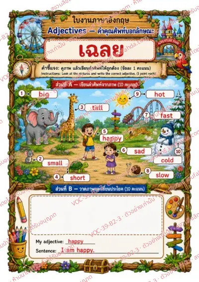เฉลยใบงานภาษาอังกฤษ Adjectives ป.4-6 คำสั่งภาษาไทย - เขียนคำศัพท์จากภาพ แล้ววาดภาพและแต่งประโยคของตัวเอง เช่น big slow hot cold พร้อมเฉลย