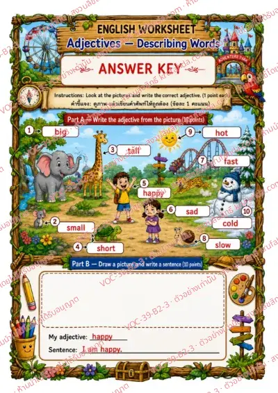 เฉลยใบงานภาษาอังกฤษ Adjectives ป.4-6 คำสั่งภาษาอังกฤษ - เขียนคำศัพท์จากภาพ แล้ววาดภาพและแต่งประโยคของตัวเอง เช่น big slow hot cold พร้อมเฉลย