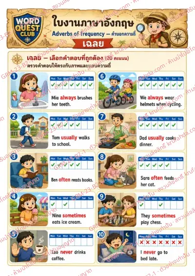 เฉลยใบงานภาษาอังกฤษ Adverbs of Frequency ป.4-6 คำสั่งภาษาไทย - ดูแถบความถี่แล้วเลือกคำ always usually never ที่ถูกต้อง พร้อมเฉลย