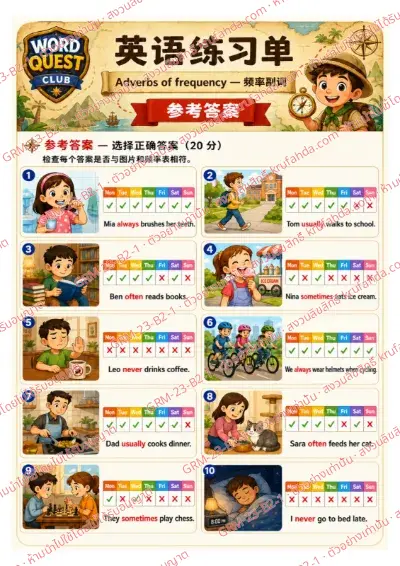 เฉลยใบงานภาษาอังกฤษ Adverbs of Frequency ป.4-6 คำสั่งภาษาจีน - ดูแถบความถี่แล้วเลือกคำ always usually never ที่ถูกต้อง พร้อมเฉลย