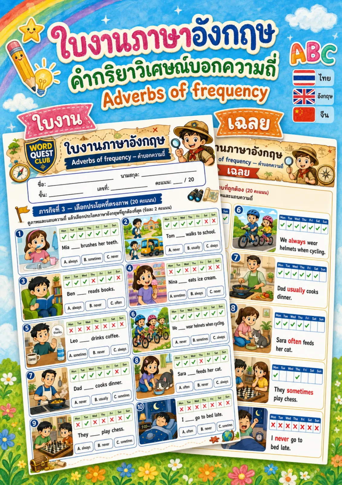 รูปหน้าปกของ ใบงานคำบอกความถี่ ดูแถบความถี่แล้วเลือกคำ always usually never ที่ถูกต้อง ระดับ ป.4–ป.6