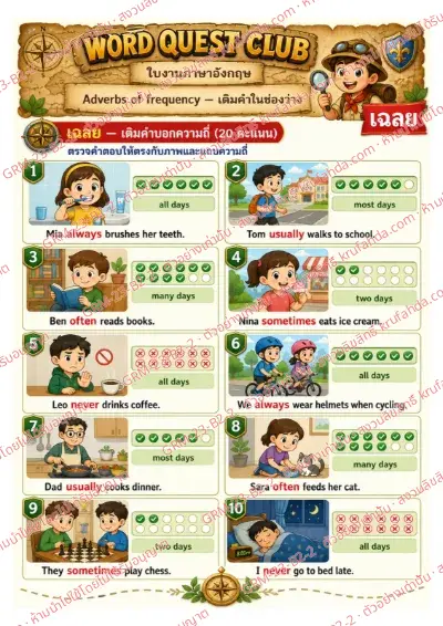 เฉลยใบงานภาษาอังกฤษ Adverbs of Frequency ป.4-6 คำสั่งภาษาไทย - ดูแถบความถี่แล้วเติมคำ always usually sometimes never ให้ถูกต้อง พร้อมเฉลย