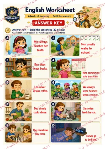 เฉลยใบงานภาษาอังกฤษ Adverbs of Frequency ป.4-6 คำสั่งภาษาอังกฤษ - เรียงบัตรคำเป็นประโยคบอกความถี่ด้วย always often never พร้อมเฉลย