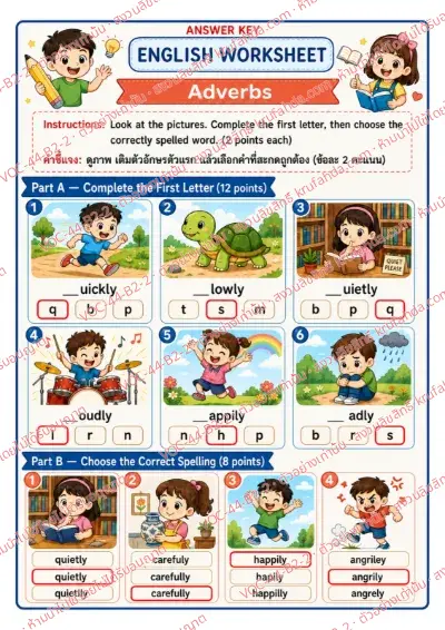 เฉลยใบงานภาษาอังกฤษ Adverbs ป.4-6 คำสั่งภาษาอังกฤษ - เติมตัวอักษรตัวแรกของ quickly slowly loudly แล้วเลือกคำที่สะกดถูกต้อง พร้อมเฉลย