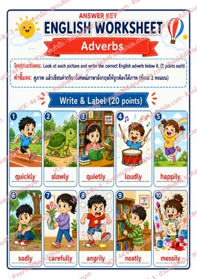 เฉลยใบงานภาษาอังกฤษ Adverbs ป.4-6 คำสั่งภาษาอังกฤษ - ดูภาพแล้วเขียนคำ quickly slowly quietly หรือ carefully ใต้ภาพ พร้อมเฉลย