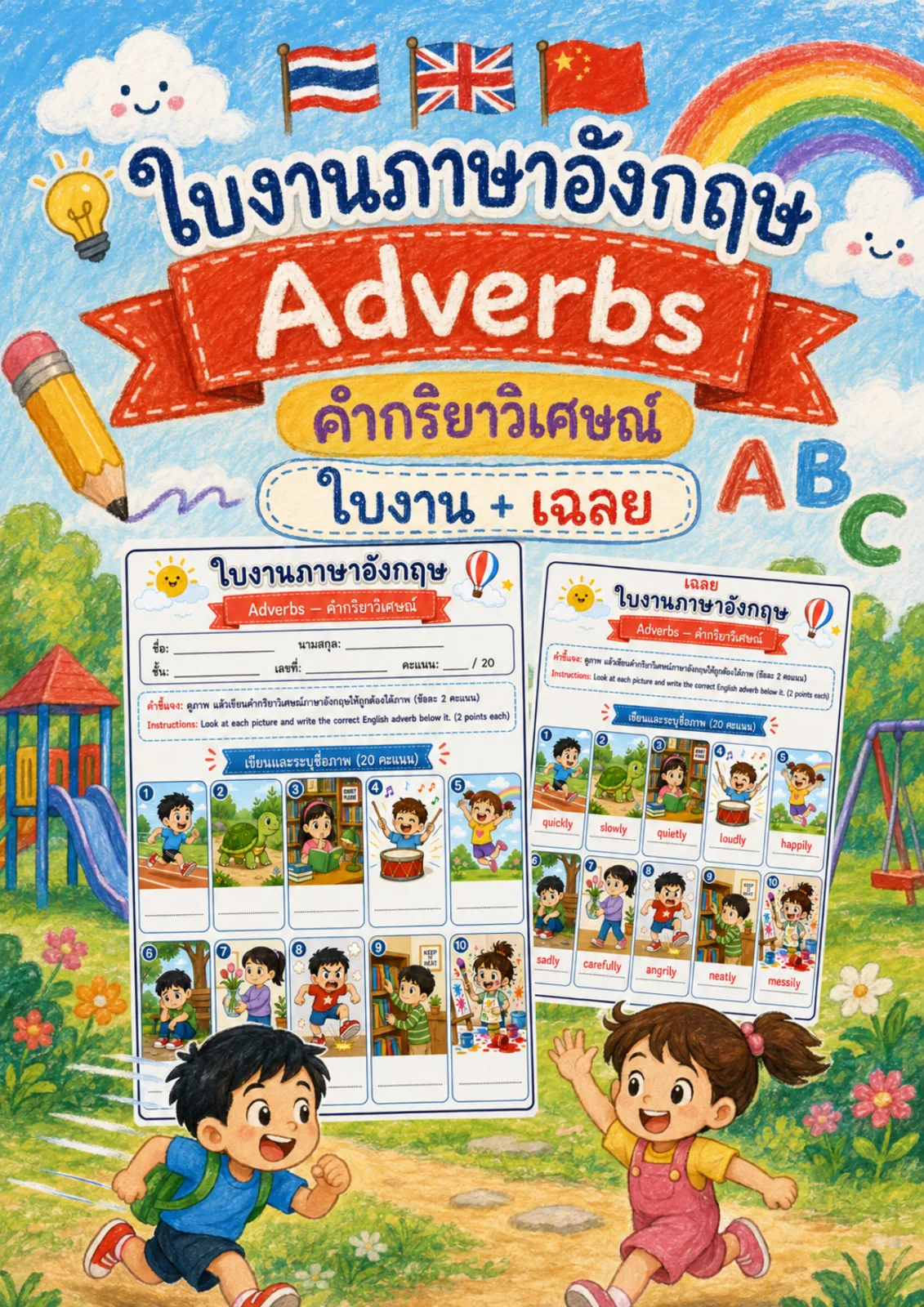 รูปหน้าปกของ ใบงานคำกริยาวิเศษณ์ ดูภาพแล้วเขียนคำ quickly slowly quietly หรือ carefully ใต้ภาพ ระดับ ป.4–ป.6