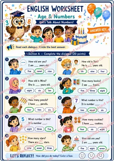 เฉลยใบงานภาษาอังกฤษ Age & Numbers ป.1-3 คำสั่งภาษาอังกฤษ - อ่านบทสนทนาแล้ววงกลมคำบอกอายุและจำนวนที่ตรงกับภาพ พร้อมเฉลย