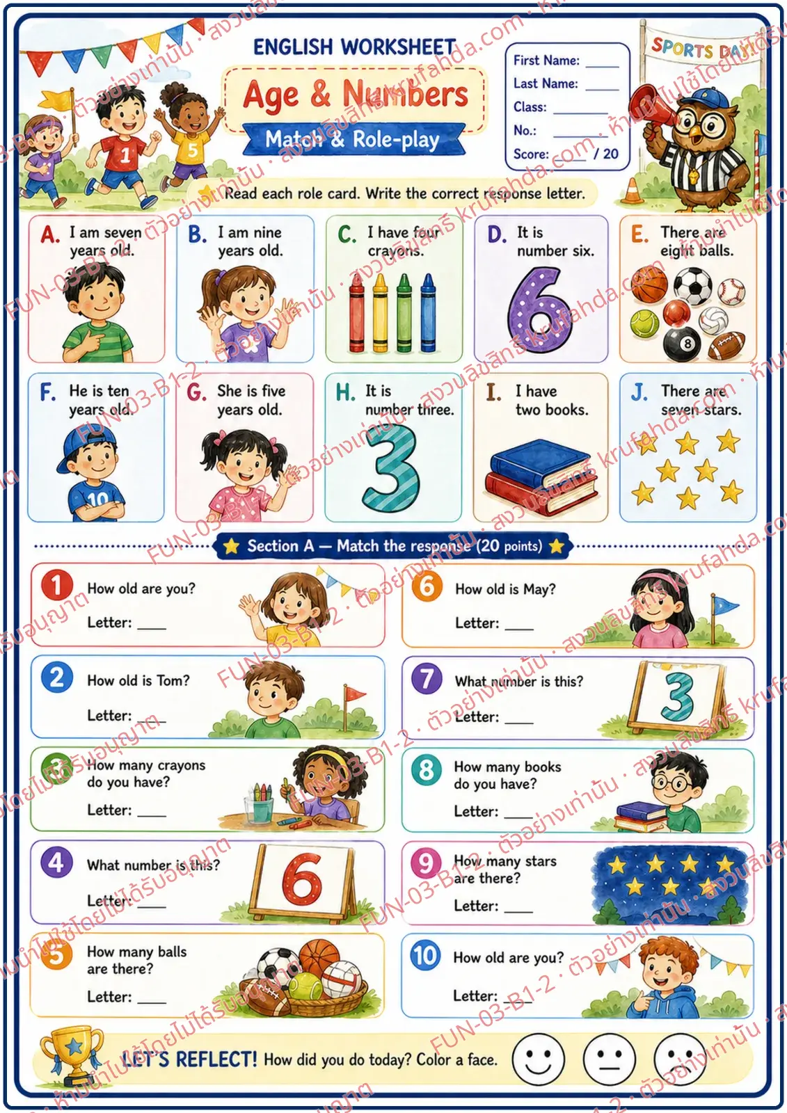 ใบงานภาษาอังกฤษ Age & Numbers ป.1-3 คำสั่งภาษาอังกฤษ - อ่านการ์ดคำถามเรื่องอายุและจำนวนแล้วจับคู่คำตอบด้วยตัวอักษร A-J