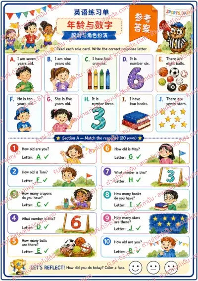 เฉลยใบงานภาษาอังกฤษ Age & Numbers ป.1-3 คำสั่งภาษาจีน - อ่านการ์ดคำถามเรื่องอายุและจำนวนแล้วจับคู่คำตอบด้วยตัวอักษร A-J พร้อมเฉลย