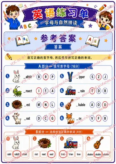 เฉลยใบงานภาษาอังกฤษ Alphabet & Phonics ป.1-3 คำสั่งภาษาจีน - เติมตัวอักษรต้นคำและเลือกคำที่สะกดถูก พร้อมเฉลย