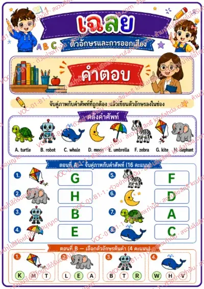 เฉลยใบงานภาษาอังกฤษ Alphabet & Phonics ป.1-3 คำสั่งภาษาไทย - จับคู่ภาพกับคำศัพท์และเลือกตัวอักษรต้นคำ พร้อมเฉลย