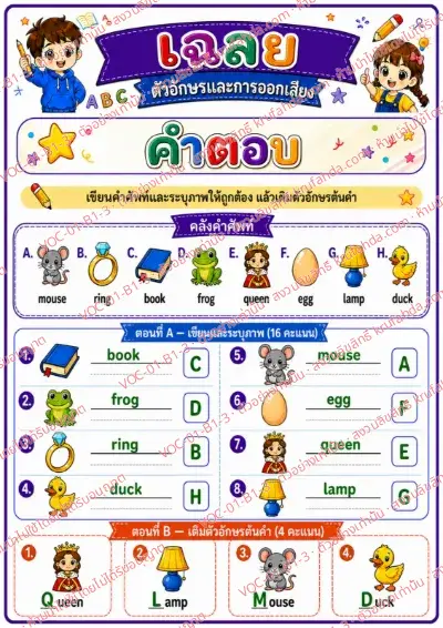 เฉลยใบงานภาษาอังกฤษ Alphabet & Phonics ป.1-3 คำสั่งภาษาไทย - เขียนคำศัพท์จากภาพและเติมตัวอักษรต้นคำ พร้อมเฉลย
