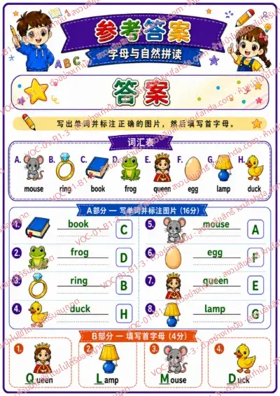 เฉลยใบงานภาษาอังกฤษ Alphabet & Phonics ป.1-3 คำสั่งภาษาจีน - เขียนคำศัพท์จากภาพและเติมตัวอักษรต้นคำ พร้อมเฉลย