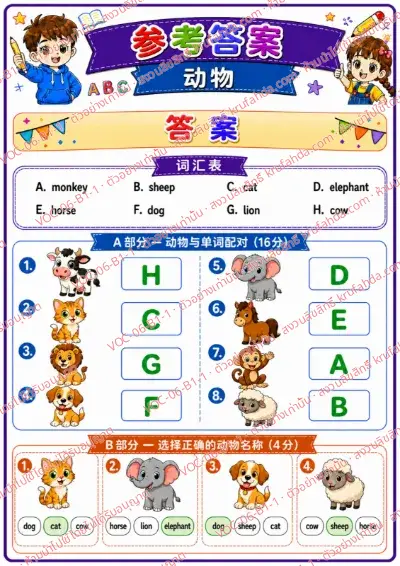 เฉลยใบงานภาษาอังกฤษ Animals (pets/farm/wild) ป.1-3 คำสั่งภาษาจีน - จับคู่สัตว์กับคำศัพท์และเลือกชื่อสัตว์ที่ถูกต้อง พร้อมเฉลย