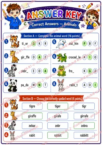 เฉลยใบงานภาษาอังกฤษ Animals (pets/farm/wild) ป.1-3 คำสั่งภาษาอังกฤษ - เติมตัวอักษรที่หายไปในคำศัพท์สัตว์และเลือกคำที่สะกดถูก พร้อมเฉลย