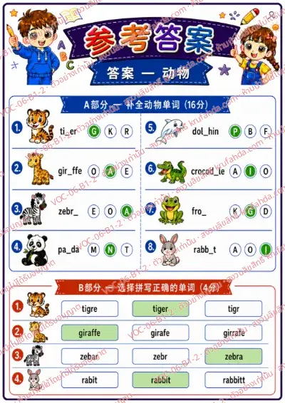 เฉลยใบงานภาษาอังกฤษ Animals (pets/farm/wild) ป.1-3 คำสั่งภาษาจีน - เติมตัวอักษรที่หายไปในคำศัพท์สัตว์และเลือกคำที่สะกดถูก พร้อมเฉลย