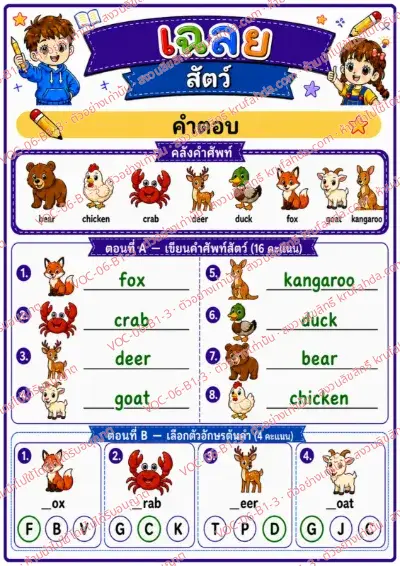 เฉลยใบงานภาษาอังกฤษ Animals (pets/farm/wild) ป.1-3 คำสั่งภาษาไทย - เขียนคำศัพท์สัตว์และเลือกตัวอักษรต้นคำ พร้อมเฉลย