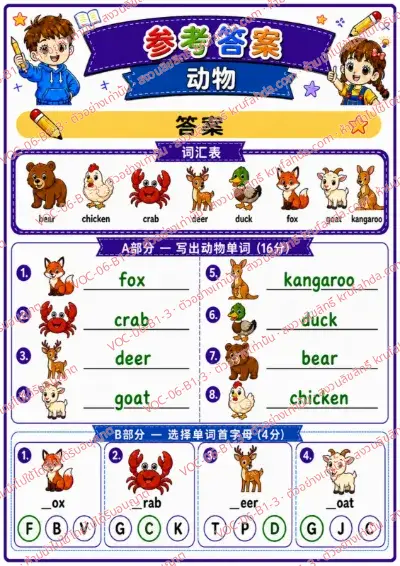 เฉลยใบงานภาษาอังกฤษ Animals (pets/farm/wild) ป.1-3 คำสั่งภาษาจีน - เขียนคำศัพท์สัตว์และเลือกตัวอักษรต้นคำ พร้อมเฉลย