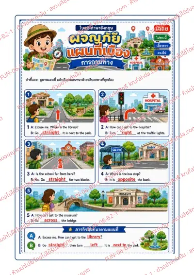 เฉลยใบงานภาษาอังกฤษ Asking for directions ป.4-6 คำสั่งภาษาไทย - ดูภาพแผนที่แล้วเติมบทสนทนาด้วยวลีบอกทางที่ถูกต้อง พร้อมเฉลย