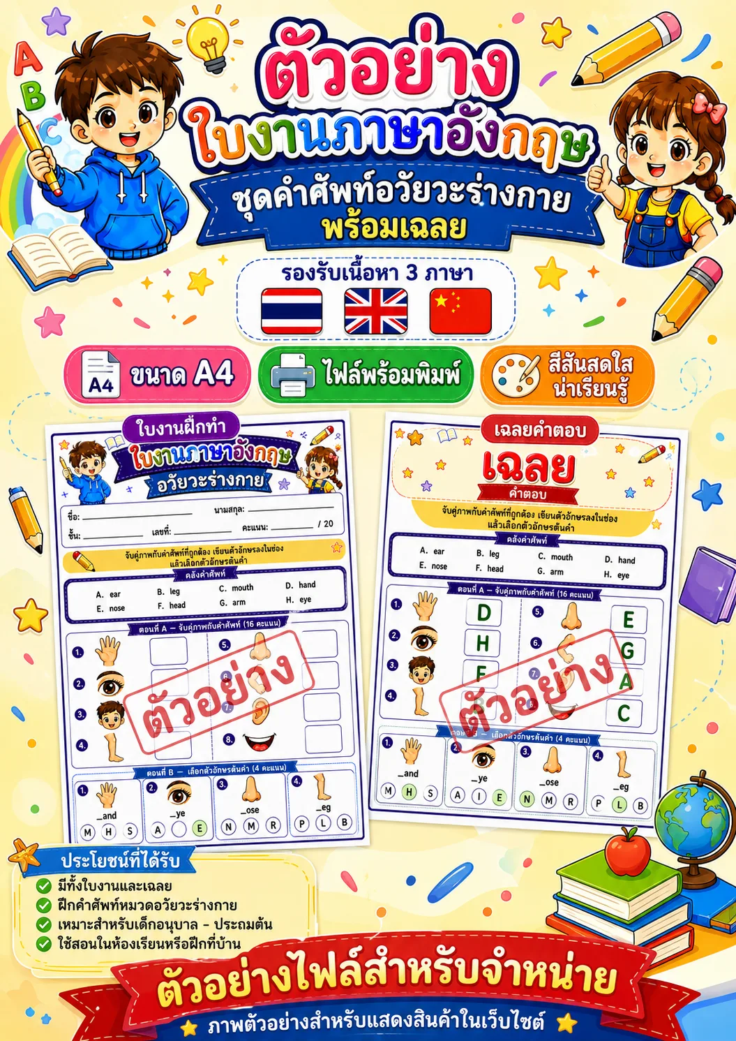รูปหน้าปกของ ใบงานคำศัพท์อวัยวะร่างกาย จับคู่ภาพกับคำศัพท์และเลือกตัวอักษรต้นคำ ระดับ ป.1–ป.3