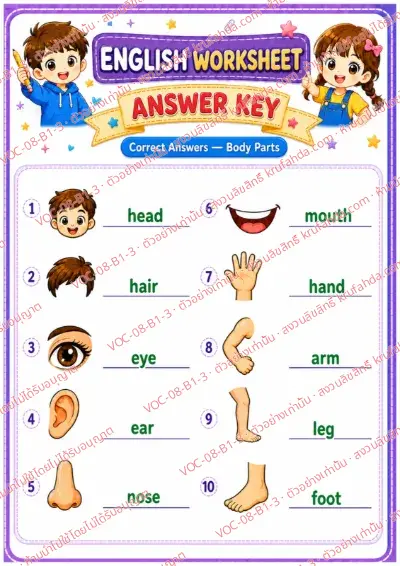 เฉลยใบงานภาษาอังกฤษ Body parts ป.1-3 คำสั่งภาษาอังกฤษ - ดูภาพแล้วเขียนคำศัพท์ส่วนต่าง ๆ ของร่างกาย พร้อมเฉลย