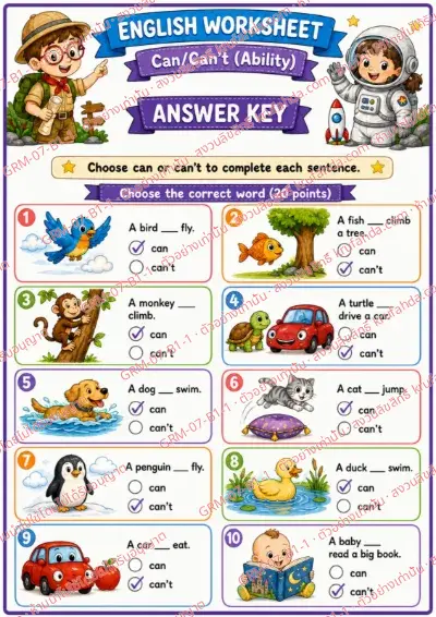 เฉลยใบงานภาษาอังกฤษ Can / Can't ป.1-3 คำสั่งภาษาอังกฤษ - เลือก can หรือ can't เติมให้ประโยคสมบูรณ์ พร้อมเฉลย