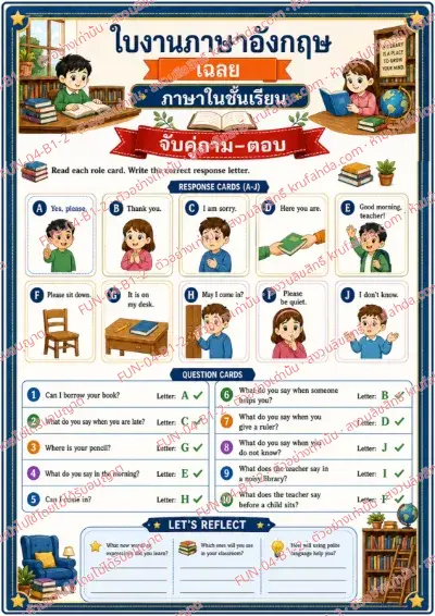 เฉลยใบงานภาษาอังกฤษ Classroom Language ป.1-3 คำสั่งภาษาไทย - อ่านการ์ดคำถามในห้องเรียนแล้วจับคู่คำตอบด้วยตัวอักษร A-J พร้อมเฉลย