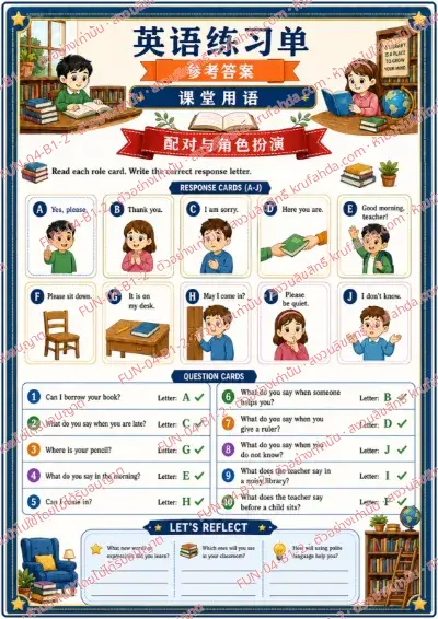 เฉลยใบงานภาษาอังกฤษ Classroom Language ป.1-3 คำสั่งภาษาจีน - อ่านการ์ดคำถามในห้องเรียนแล้วจับคู่คำตอบด้วยตัวอักษร A-J พร้อมเฉลย