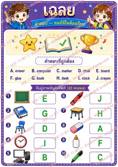 เฉลยใบงานภาษาอังกฤษ Classroom objects ป.1-3 คำสั่งภาษาไทย - จับคู่ภาพของใช้ในห้องเรียนกับคำศัพท์ พร้อมเฉลย