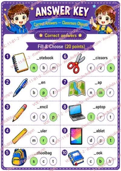 เฉลยใบงานภาษาอังกฤษ Classroom objects ป.1-3 คำสั่งภาษาอังกฤษ - เติมตัวอักษรที่หายไปในคำศัพท์ของใช้ในห้องเรียนและเลือกคำตอบ พร้อมเฉลย