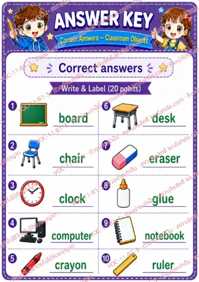 เฉลยใบงานภาษาอังกฤษ Classroom objects ป.1-3 คำสั่งภาษาอังกฤษ - ดูภาพแล้วเขียนชื่อของใช้ในห้องเรียน พร้อมเฉลย