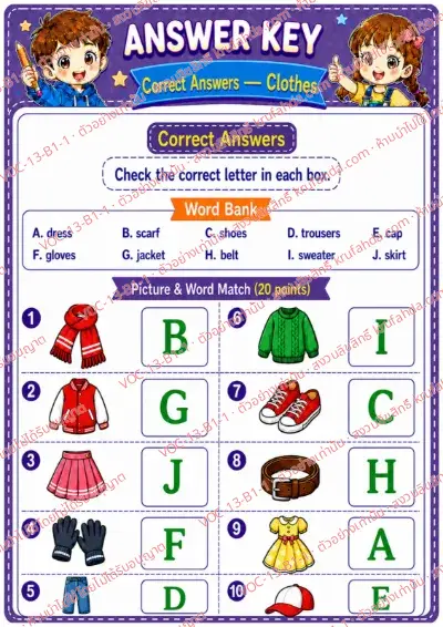 เฉลยใบงานภาษาอังกฤษ Clothes ป.1-3 คำสั่งภาษาอังกฤษ - จับคู่ภาพเสื้อผ้ากับคำศัพท์ พร้อมเฉลย