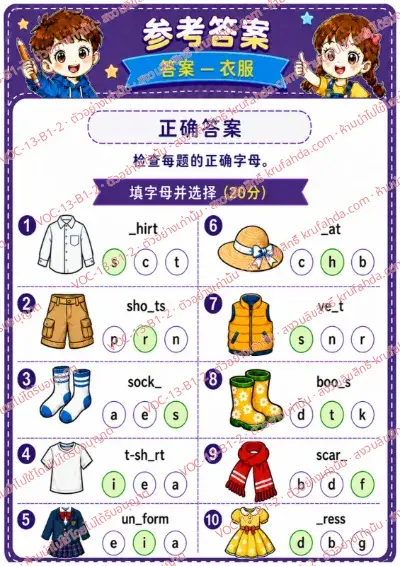 เฉลยใบงานภาษาอังกฤษ Clothes ป.1-3 คำสั่งภาษาจีน - เติมตัวอักษรที่หายไปในคำศัพท์เสื้อผ้าและเลือกคำตอบ พร้อมเฉลย