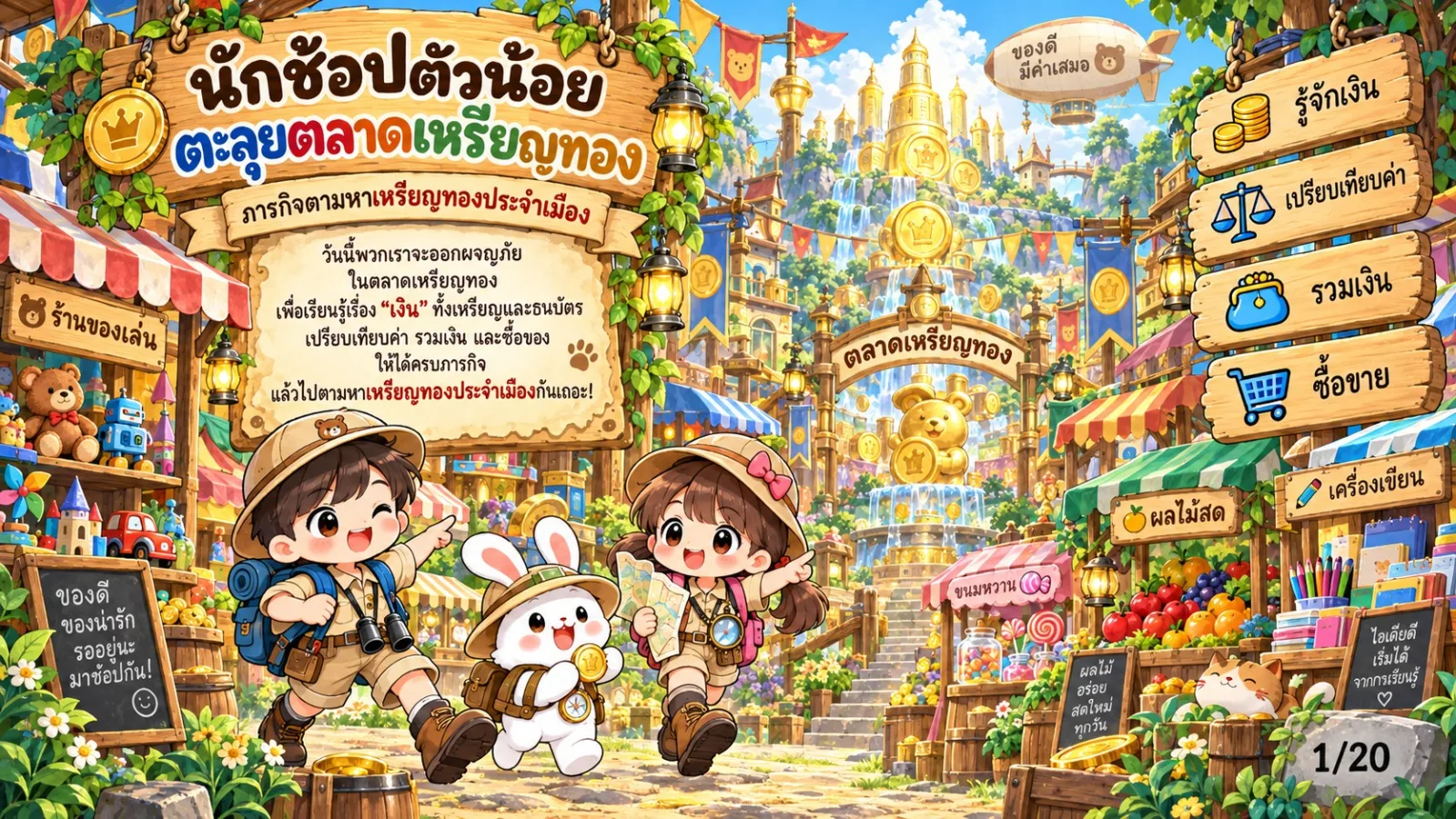 รูปหน้าปกของ สื่อการสอนคณิตศาสตร์ ตลาดเหรียญทอง: เหรียญและธนบัตร ระดับ ป.1-ป.3