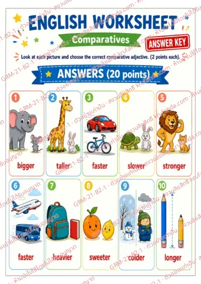 เฉลยใบงานภาษาอังกฤษ Comparatives ป.4-6 คำสั่งภาษาอังกฤษ - ดูภาพแล้วเลือก bigger, taller หรือ faster ที่ถูกต้อง พร้อมเฉลย