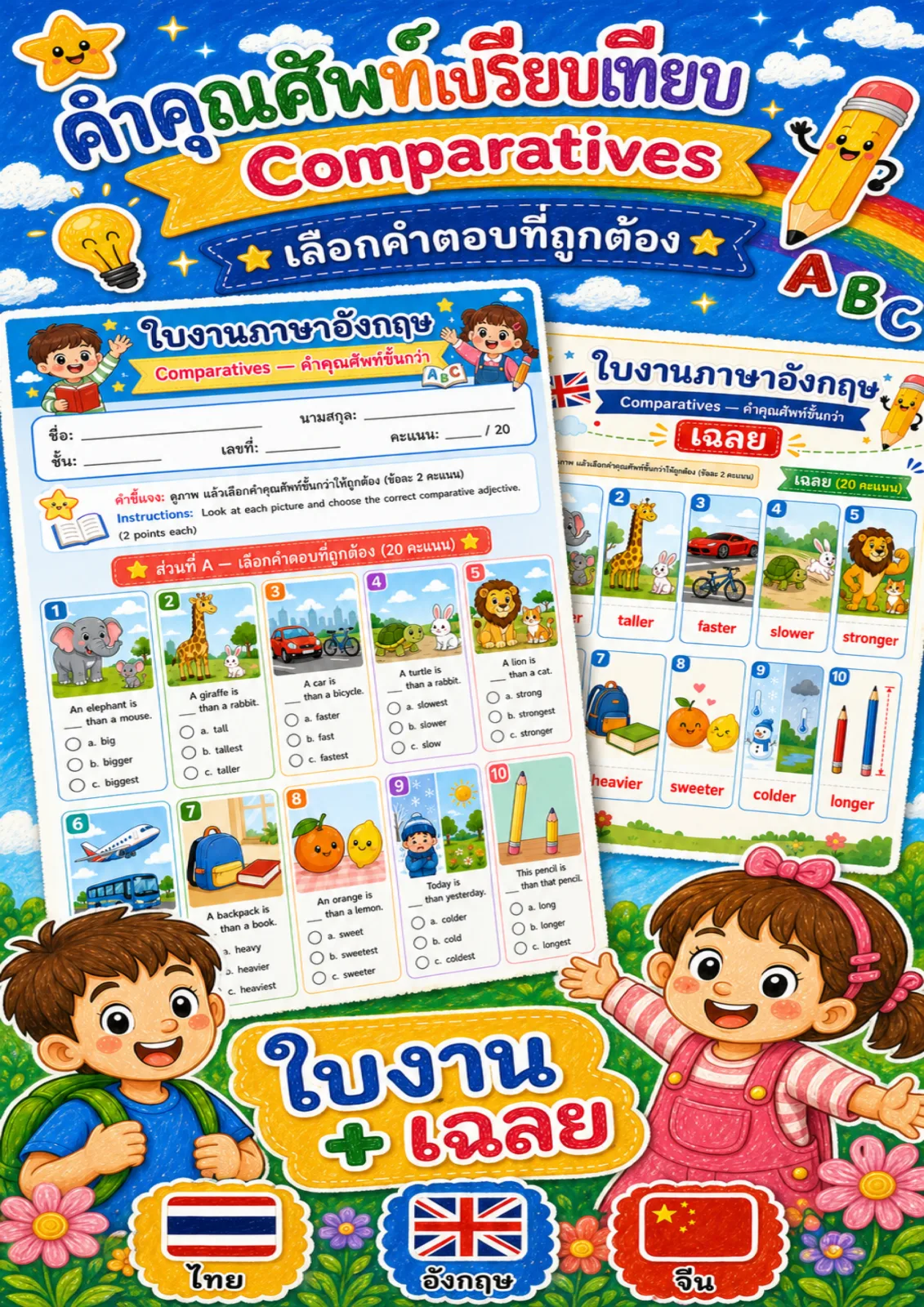 รูปหน้าปกของ ใบงานคำคุณศัพท์ขั้นกว่า ดูภาพแล้วเลือก bigger, taller หรือ faster ที่ถูกต้อง ระดับ ป.4–ป.6