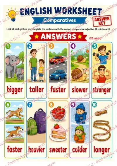 เฉลยใบงานภาษาอังกฤษ Comparatives ป.4-6 คำสั่งภาษาอังกฤษ - ดูภาพแล้วเติมคำ bigger taller faster ให้ถูกต้อง พร้อมเฉลย
