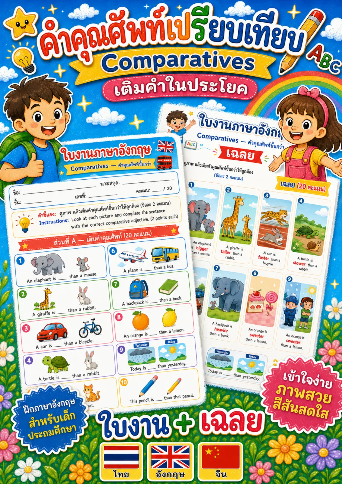 รูปหน้าปกของ ใบงานคำคุณศัพท์ขั้นกว่า ดูภาพแล้วเติมคำ bigger taller faster ให้ถูกต้อง ระดับ ป.4–ป.6