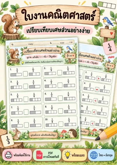 ใบงานเปรียบเทียบเศษส่วนอย่างง่าย เติมเครื่องหมายเปรียบเทียบ