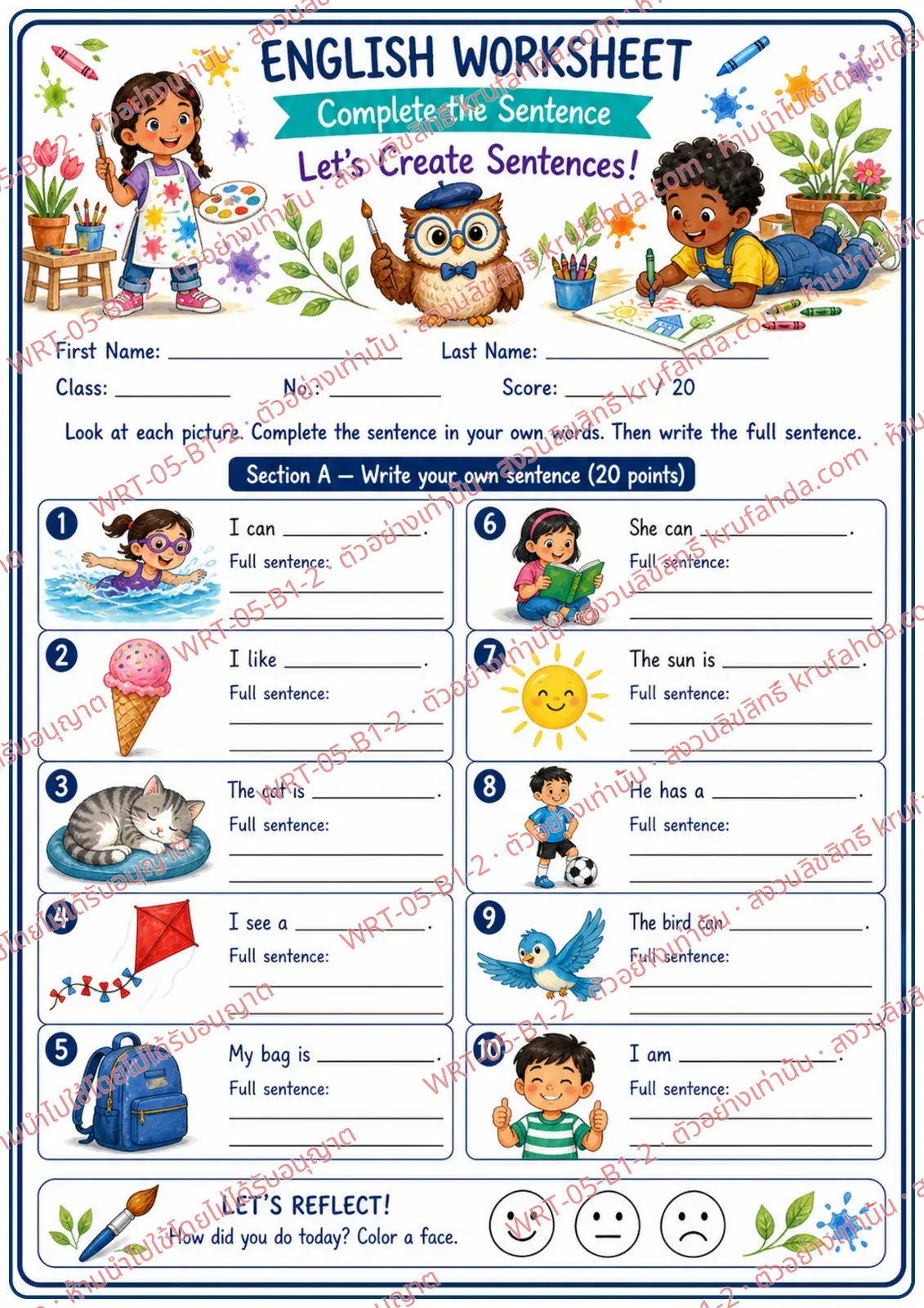 ใบงานภาษาอังกฤษ Complete the Sentence ป.1-3 คำสั่งภาษาอังกฤษ - แต่งประโยคต่อจาก I can, I like, The cat is ด้วยคำของตัวเองแล้วเขียนประโยคเต็ม