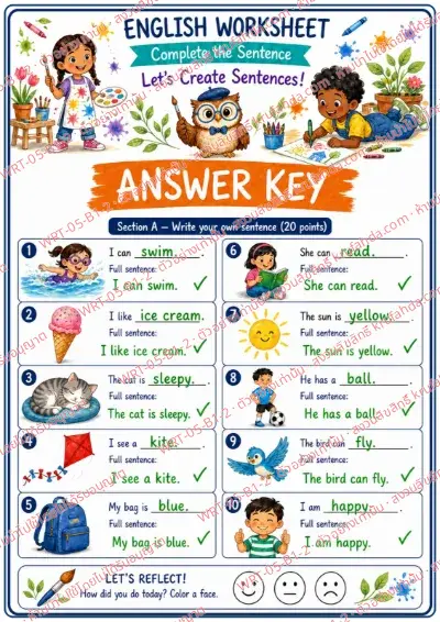 เฉลยใบงานภาษาอังกฤษ Complete the Sentence ป.1-3 คำสั่งภาษาอังกฤษ - แต่งประโยคต่อจาก I can, I like, The cat is ด้วยคำของตัวเองแล้วเขียนประโยคเต็ม พร้อมเฉลย
