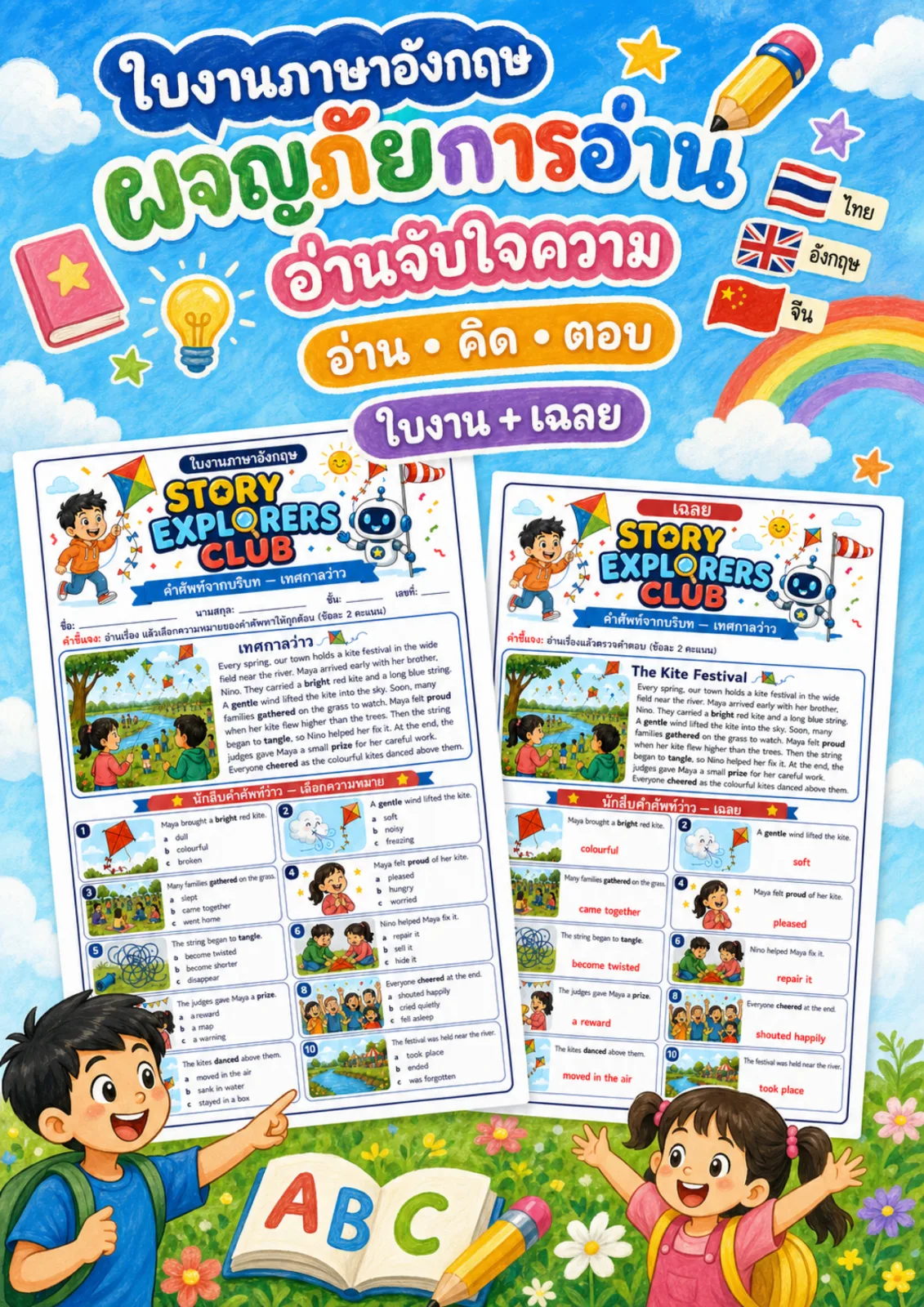 รูปหน้าปกของ ใบงานอ่านจับใจความจากบทอ่าน อ่านเรื่องเทศกาลว่าวแล้วเลือกความหมายของคำศัพท์ตัวหนา ระดับ ป.4–ป.6