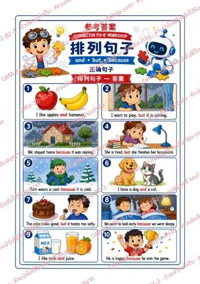 เฉลยใบงานภาษาอังกฤษ Conjunctions ป.4-6 คำสั่งภาษาจีน - เรียงบัตรคำเป็นประโยคที่มี and but because แล้วเขียนลงบนเส้น พร้อมเฉลย