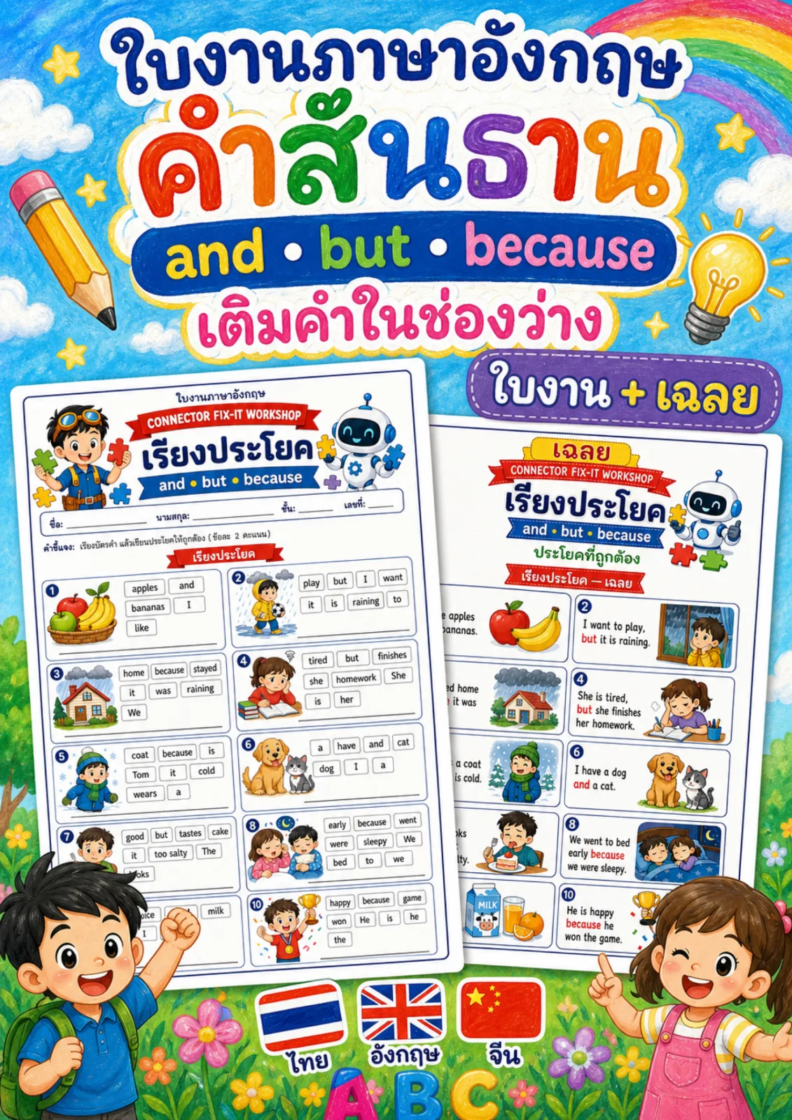 รูปหน้าปกของ ใบงานคำสันธาน เรียงบัตรคำเป็นประโยคที่มี and but because แล้วเขียนลงบนเส้น ระดับ ป.4–ป.6