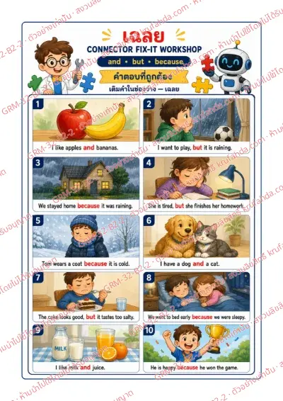 เฉลยใบงานภาษาอังกฤษ Conjunctions ป.4-6 คำสั่งภาษาไทย - ดูภาพแล้วเติม and but หรือ because ลงในช่องว่าง พร้อมเฉลย