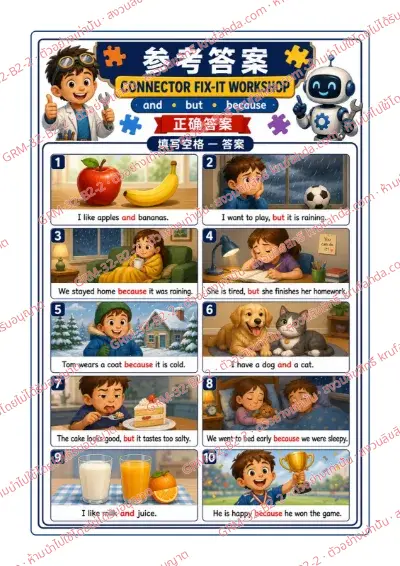 เฉลยใบงานภาษาอังกฤษ Conjunctions ป.4-6 คำสั่งภาษาจีน - ดูภาพแล้วเติม and but หรือ because ลงในช่องว่าง พร้อมเฉลย