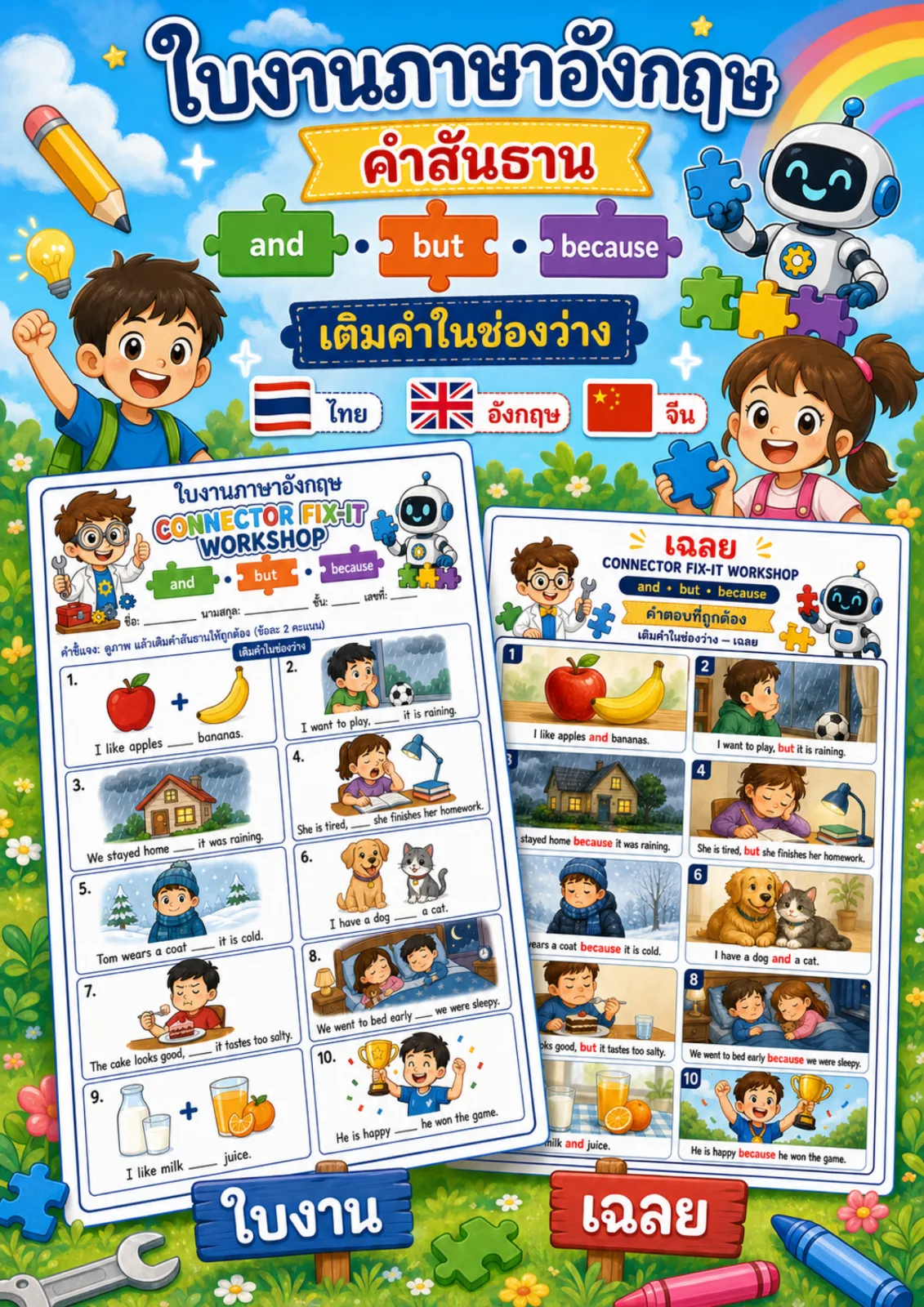 รูปหน้าปกของ ใบงานคำสันธาน ดูภาพแล้วเติม and but หรือ because ลงในช่องว่าง ระดับ ป.4–ป.6